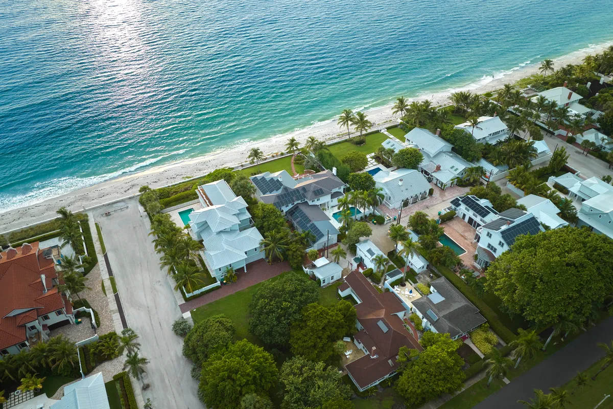 Aerial view of expensive residential houses in island small town Boca Grande on Gasparilla Island in southwest Florida. American dream homes as example of real estate development in US suburbs. A stock photo.